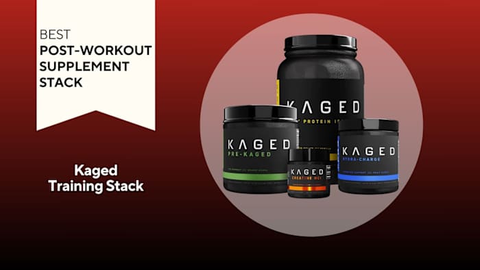 Four black tubs with white writing that says "KAGED" against a red background